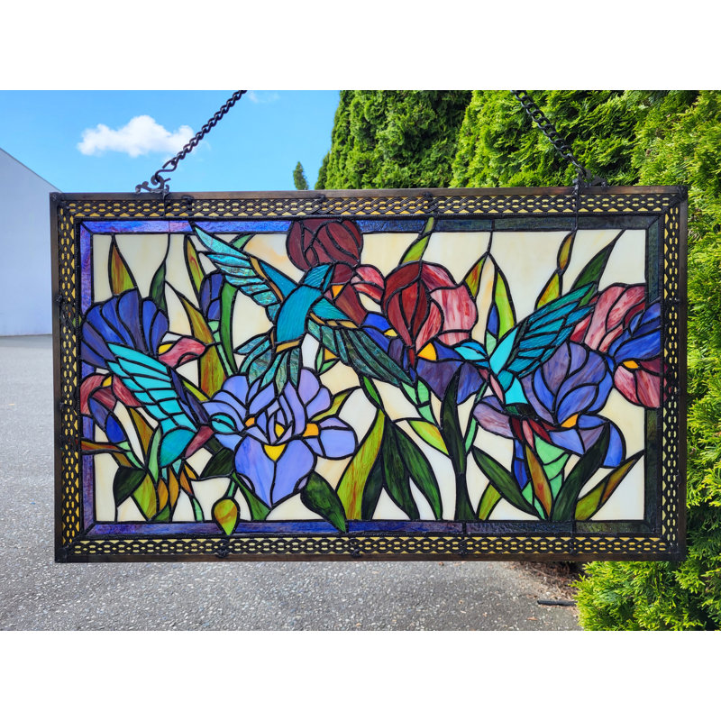 Hummingbirds Stained Glass Window Panel hand hotsell painted